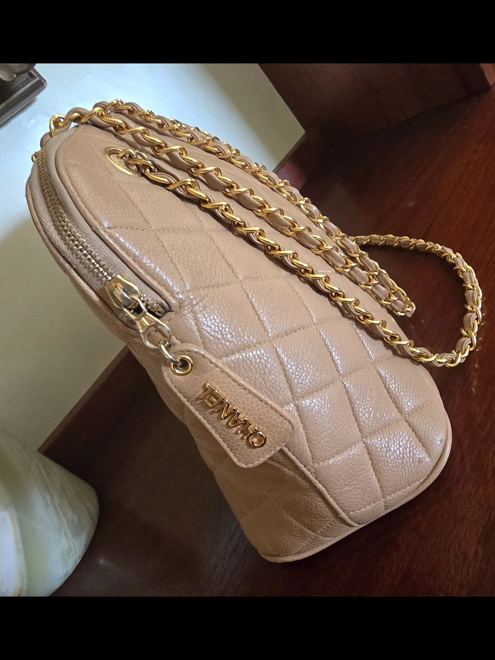 Vintage CHANEL Beige Quilted Chain-Handle Shoulder Bag